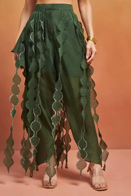 Buy_Shikha Malik_Green Silk, Chanderi Tassels Cowl Neck Solid Kurta Set With Pant 