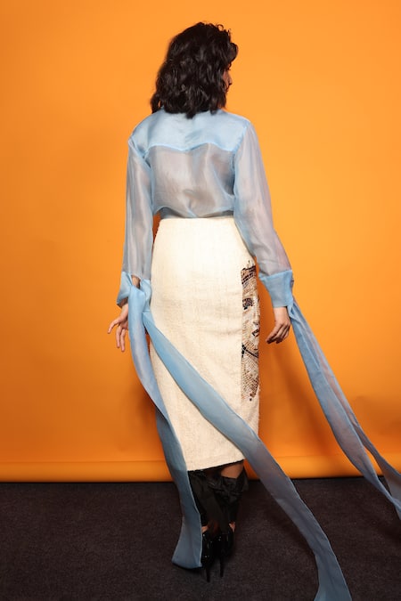 Richa Khemka Blue Organza Shirt & Ivory Mosaic Skirt Set 