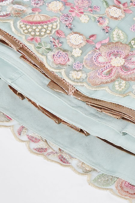 Samyukta Singhania_Blue Net, Linen Sequins, Stones, Embroidery, Zari Open Floral Vine Lehenga Set _Online_at_Aza_Fashions