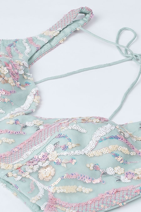 Shop_Samyukta Singhania_Blue Net, Linen Sequins, Stones, Embroidery, Zari Open Floral Vine Lehenga Set _Online_at_Aza_Fashions