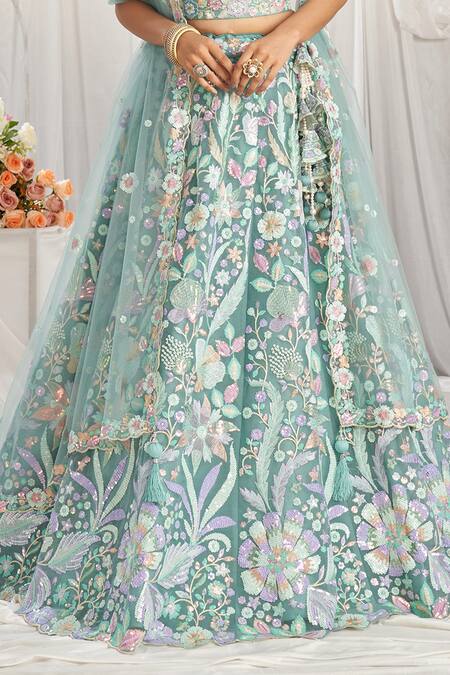 Samyukta Singhania_Blue Net, Linen Sequins, Zari, Applique Floral Embroidered Lehenga Set_at_Aza_Fashions
