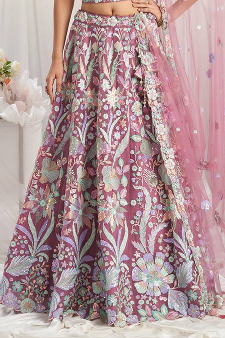Samyukta Singhania Pink Net, Linen Sequins, Stones, Applique Floral Embroidered Lehenga Set Online at Aza Fashions Samyukta Singhania_Pink Net, Linen Sequins, Stones, Applique Floral Embroidered Lehenga Set_Online_at_Aza_Fashions