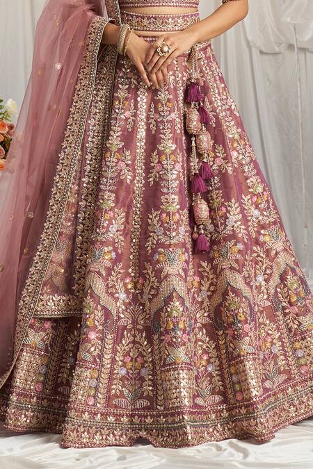 Buy_Samyukta Singhania_Purple Tissue, Net Sequins, Stones, Floral Geometric Embroidered Lehenga Set _Online_at_Aza_Fashions