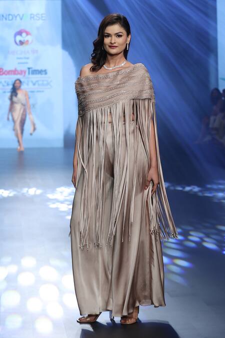 Babita Malkani Taupe Organza, Tulle, Satin Crystals Asymmetric Embellished Top And Palazzo Set Online at Aza Fashions Babita Malkani_Taupe Organza, Tulle, Satin Crystals Asymmetric Embellished Top And Palazzo Set _Online_at_Aza_Fashions