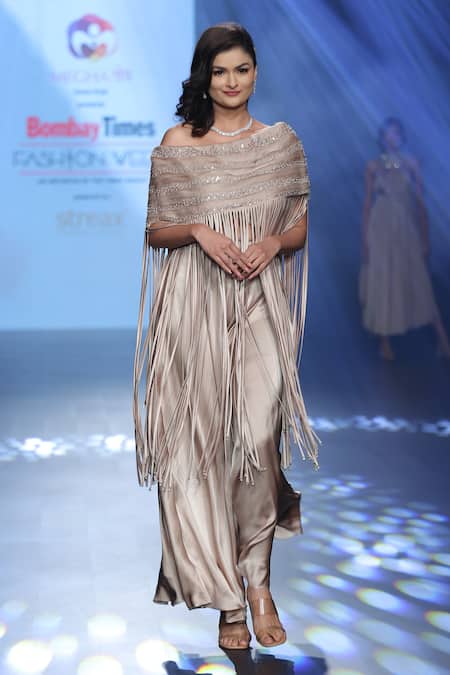 Shop Babita Malkani Taupe Organza, Tulle, Satin Crystals Asymmetric Embellished Top And Palazzo Set at Aza Fashions Shop_Babita Malkani_Taupe Organza, Tulle, Satin Crystals Asymmetric Embellished Top And Palazzo Set _at_Aza_Fashions