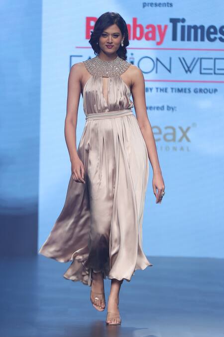 Babita Malkani Gray Satin Pearls, Crystals Halter Neck Embellished Midi Dress Online at Aza Fashions Babita Malkani_Gray Satin Pearls, Crystals Halter Neck Embellished Midi Dress _Online_at_Aza_Fashions