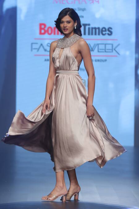 Buy Babita Malkani Gray Satin Pearls, Crystals Halter Neck Embellished Midi Dress Online at Aza Fashions Buy_Babita Malkani_Gray Satin Pearls, Crystals Halter Neck Embellished Midi Dress _Online_at_Aza_Fashions