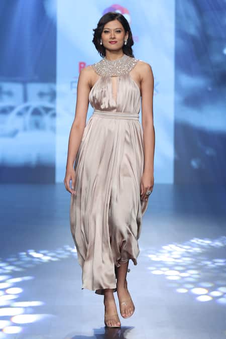 Shop Babita Malkani Gray Satin Pearls, Crystals Halter Neck Embellished Midi Dress at Aza Fashions Shop_Babita Malkani_Gray Satin Pearls, Crystals Halter Neck Embellished Midi Dress _at_Aza_Fashions