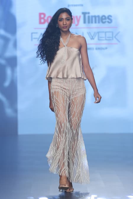 Babita Malkani Taupe Satin, Tulle Beads, Crystals, Pearls Halter Embellished Top And Flared Pant Online at Aza Fashions Babita Malkani_Taupe Satin, Tulle Beads, Crystals, Pearls Halter Embellished Top And Flared Pant _Online_at_Aza_Fashions