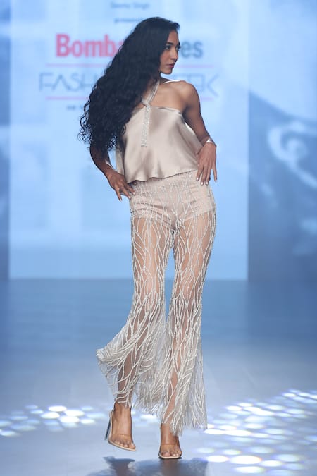 Shop Babita Malkani Taupe Satin, Tulle Beads, Crystals, Pearls Halter Embellished Top And Flared Pant Online at Aza Fashions Shop_Babita Malkani_Taupe Satin, Tulle Beads, Crystals, Pearls Halter Embellished Top And Flared Pant _Online_at_Aza_Fashions