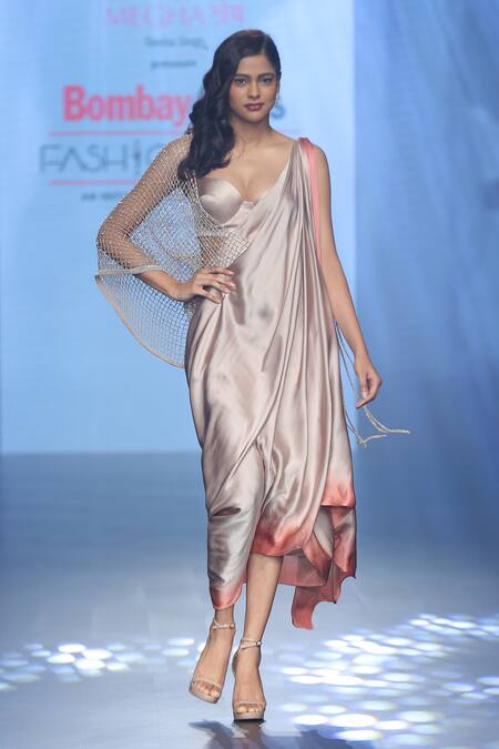 Babita Malkani Gray Silk, Satin, Net Pearls Sweetheart Ombre Draped Skirt Set With Mesh Throw Online at Aza Fashions Babita Malkani_Gray Silk, Satin, Net Pearls Sweetheart Ombre Draped Skirt Set With Mesh Throw _Online_at_Aza_Fashions