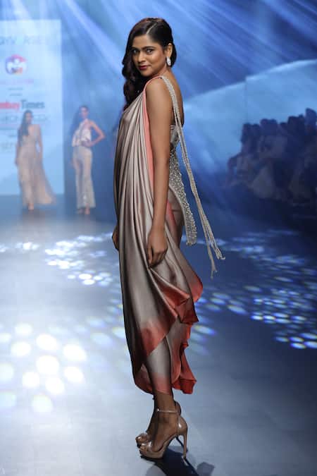 Babita Malkani Ombre Draped Skirt Set With Mesh Throw 