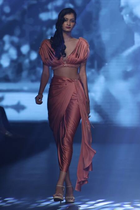 Buy Babita Malkani Peach Satin Embroidery V-neck Cord Embellished Draped Top And Skirt Set Online at Aza Fashions Buy_Babita Malkani_Peach Satin Embroidery V-neck Cord Embellished Draped Top And Skirt Set _Online_at_Aza_Fashions