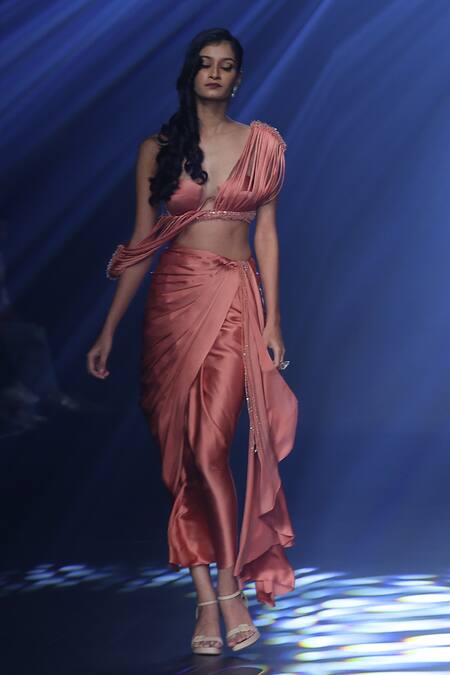 Shop Babita Malkani Peach Satin Embroidery V-neck Cord Embellished Draped Top And Skirt Set Online at Aza Fashions Shop_Babita Malkani_Peach Satin Embroidery V-neck Cord Embellished Draped Top And Skirt Set _Online_at_Aza_Fashions