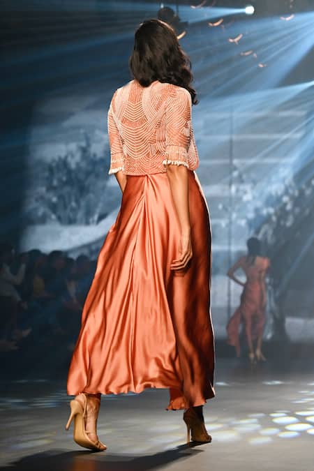 Shop Babita Malkani Peach Tulle, Satin Crystals, Pearls, Beads Embellished Dress And Jacket Set at Aza Fashions Shop_Babita Malkani_Peach Tulle, Satin Crystals, Pearls, Beads Embellished Dress And Jacket Set _at_Aza_Fashions