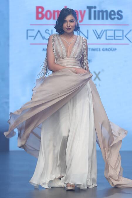 Buy Babita Malkani Ivory Chiffon Pearls Plunge Neck Tassel Embellished Maxi Dress Online at Aza Fashions Buy_Babita Malkani_Ivory Chiffon Pearls Plunge Neck Tassel Embellished Maxi Dress _Online_at_Aza_Fashions