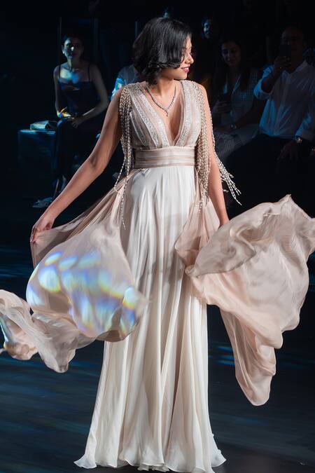 Buy Babita Malkani Ivory Chiffon Pearls Plunge Neck Tassel Embellished Maxi Dress Buy_Babita Malkani_Ivory Chiffon Pearls Plunge Neck Tassel Embellished Maxi Dress