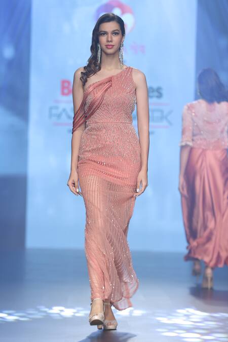 Buy_Babita Malkani_Peach Tulle Sequins, Beads Asymmetric Embellished One Shoulder Gown _Online_at_Aza_Fashions
