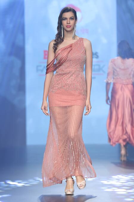 Shop_Babita Malkani_Peach Tulle Sequins, Beads Asymmetric Embellished One Shoulder Gown _Online_at_Aza_Fashions