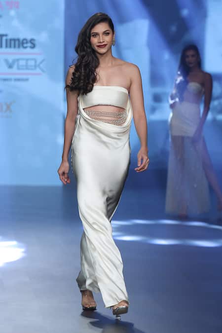 Babita Malkani_Ivory Satin Pearls, Crystals Off-shoulder Embellished Gown With Cut-out Detail _Online_at_Aza_Fashions