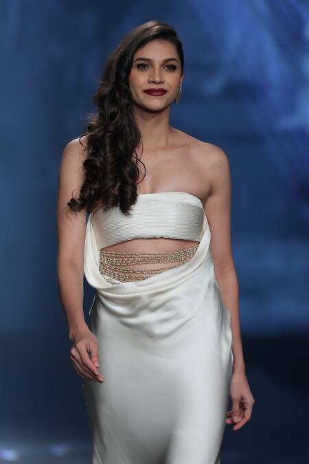 Buy_Babita Malkani_Ivory Satin Pearls, Crystals Off-shoulder Embellished Gown With Cut-out Detail _Online_at_Aza_Fashions