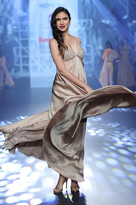 Shop_Babita Malkani_Beige Satin Beads, Crystals V-neck Embellished Maxi Dress _Online_at_Aza_Fashions