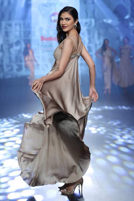 Babita Malkani_Beige Satin Beads, Crystals V-neck Embellished Maxi Dress _Online_at_Aza_Fashions