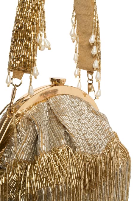 Buy_Tasna_Gold Cut Work, Tassels, Metallic Thread Cutdana D-frame Potli _Online_at_Aza_Fashions