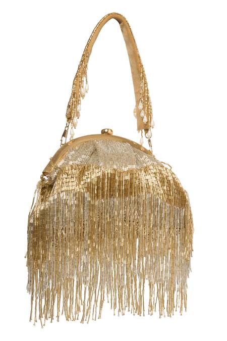 Shop_Tasna_Gold Cut Work, Tassels, Metallic Thread Cutdana D-frame Potli _Online_at_Aza_Fashions