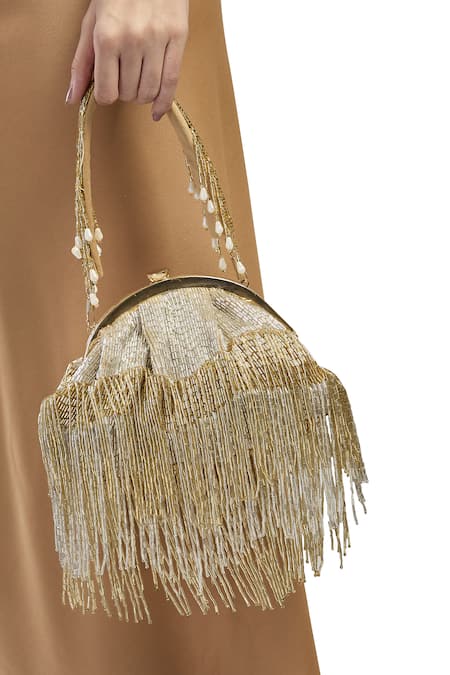 Tasna_Gold Cut Work, Tassels, Metallic Thread Cutdana D-frame Potli _at_Aza_Fashions