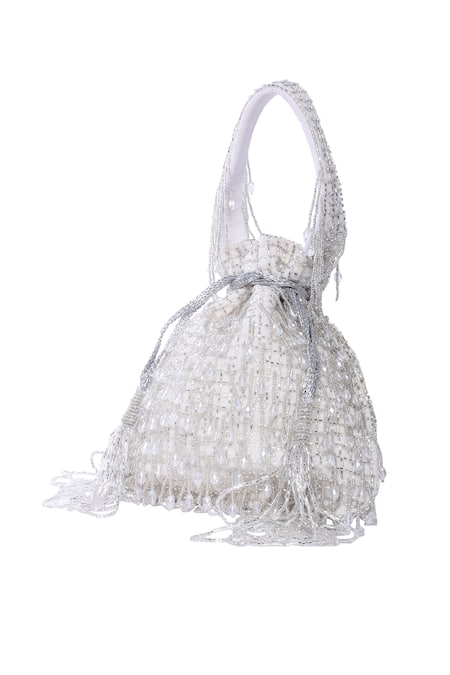 Tasna_White Cut Work, Pearls, Tassels Cutdana Embellished Potli _Online_at_Aza_Fashions