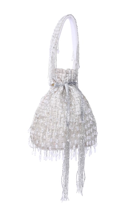 Buy_Tasna_White Cut Work, Pearls, Tassels Cutdana Embellished Potli _Online_at_Aza_Fashions
