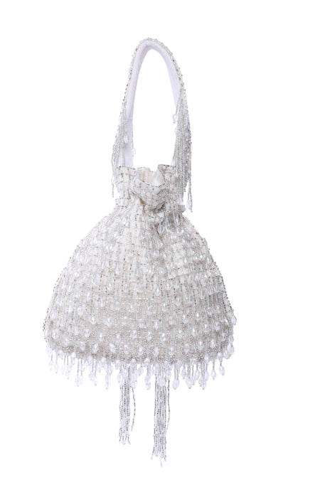 Shop_Tasna_White Cut Work, Pearls, Tassels Cutdana Embellished Potli _Online_at_Aza_Fashions