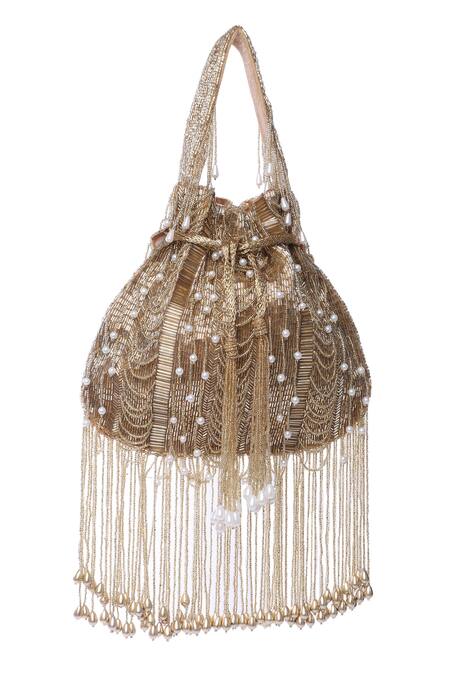 Tasna_Gold Tassels, Pearls Embellished Potli Bag _Online_at_Aza_Fashions