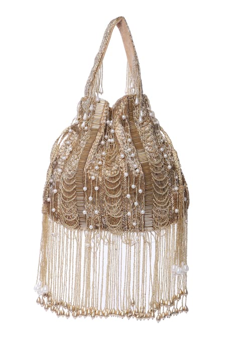 Buy_Tasna_Gold Tassels, Pearls Embellished Potli Bag _Online_at_Aza_Fashions