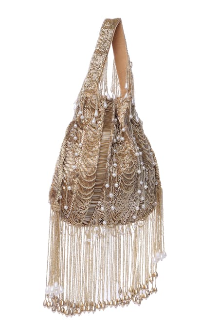 Shop_Tasna_Gold Tassels, Pearls Embellished Potli Bag _Online_at_Aza_Fashions