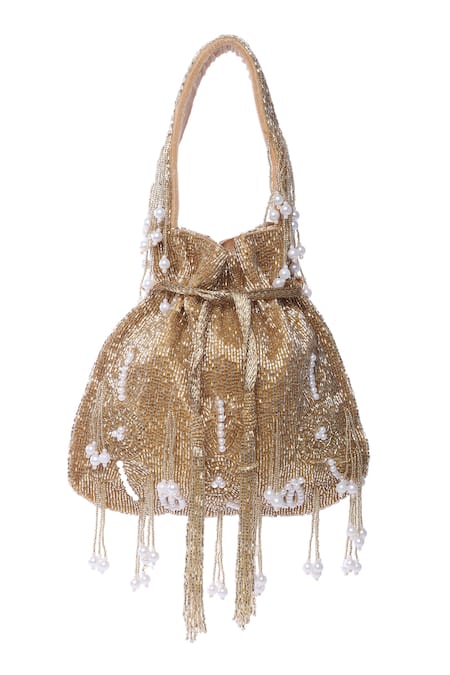 Tasna_Gold Cut Work, Pearls, Tassels Cutdana Embellished Potli _Online_at_Aza_Fashions