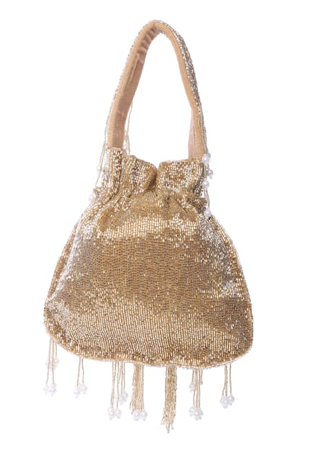 Buy_Tasna_Gold Cut Work, Pearls, Tassels Cutdana Embellished Potli _Online_at_Aza_Fashions