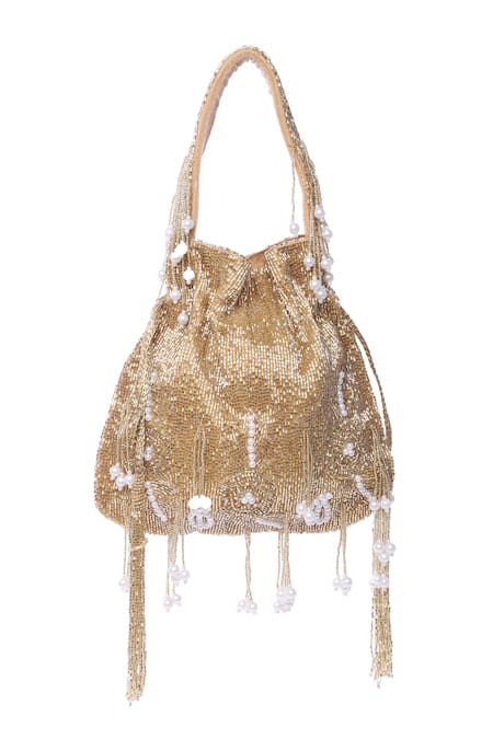 Shop_Tasna_Gold Cut Work, Pearls, Tassels Cutdana Embellished Potli _Online_at_Aza_Fashions