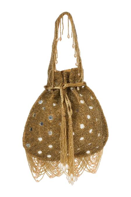 Buy_Tasna_Gold Cut Work, Mirrors, Tassels Cutdana Potli _Online_at_Aza_Fashions