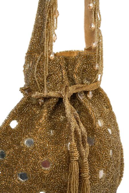 Shop_Tasna_Gold Cut Work, Mirrors, Tassels Cutdana Potli _Online_at_Aza_Fashions
