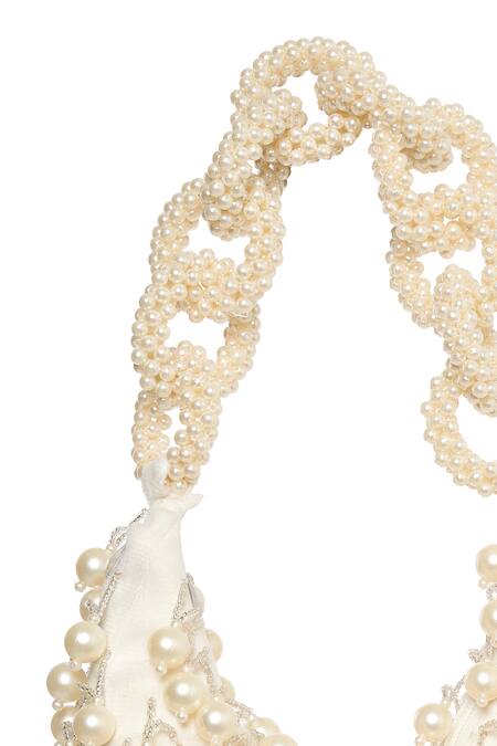 Buy_Tasna_White Pearls Embellished Suede Handbag _Online_at_Aza_Fashions