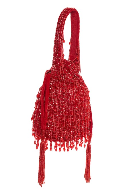 Buy_Tasna_Red Cut Work, Tassels Cutdana Potli Bag _Online_at_Aza_Fashions