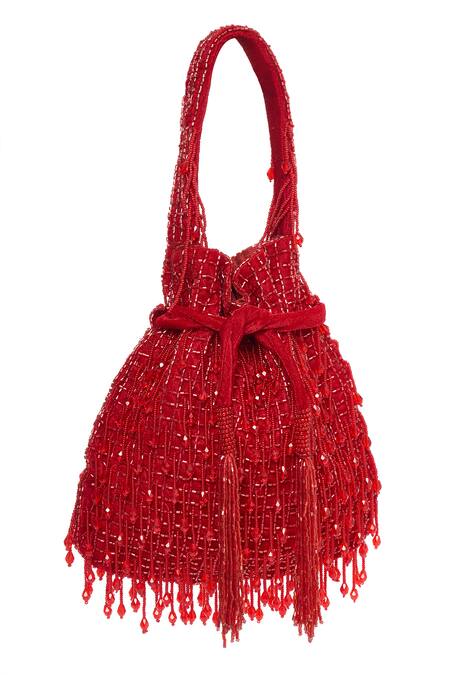 Shop_Tasna_Red Cut Work, Tassels Cutdana Potli Bag _Online_at_Aza_Fashions