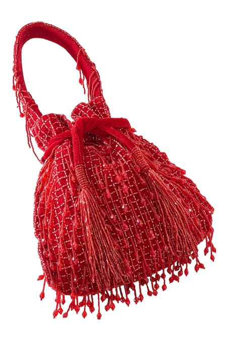 Buy_Tasna_Red Cut Work, Tassels Cutdana Potli Bag 