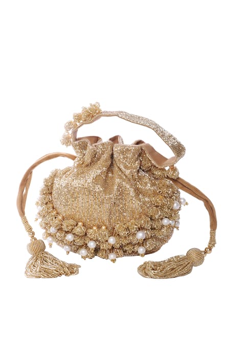 Tasna_Gold Cut Work, Pearls, Tassels Cutdana Potli Bag _Online_at_Aza_Fashions