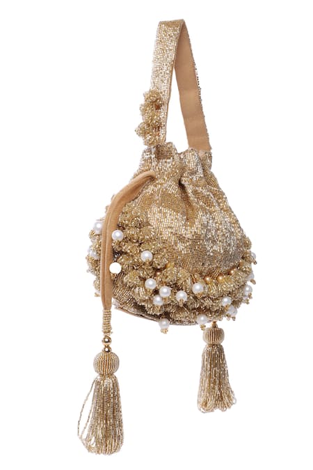 Buy_Tasna_Gold Cut Work, Pearls, Tassels Cutdana Potli Bag _Online_at_Aza_Fashions