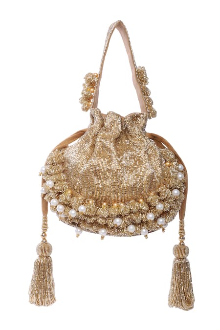 Tasna_Gold Cut Work, Pearls, Tassels Cutdana Potli Bag _at_Aza_Fashions