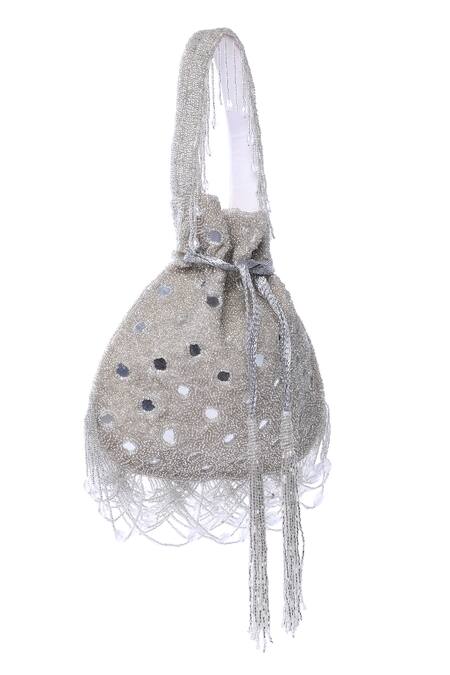 Buy_Tasna_Silver Cut Work, Mirrors, Tassels Cutdana Embellished Potli Bag _Online_at_Aza_Fashions