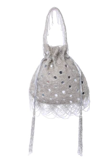 Shop_Tasna_Silver Cut Work, Mirrors, Tassels Cutdana Embellished Potli Bag _Online_at_Aza_Fashions